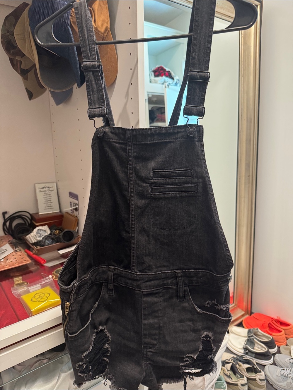 Express Black Distressed Denim Overall Shorts